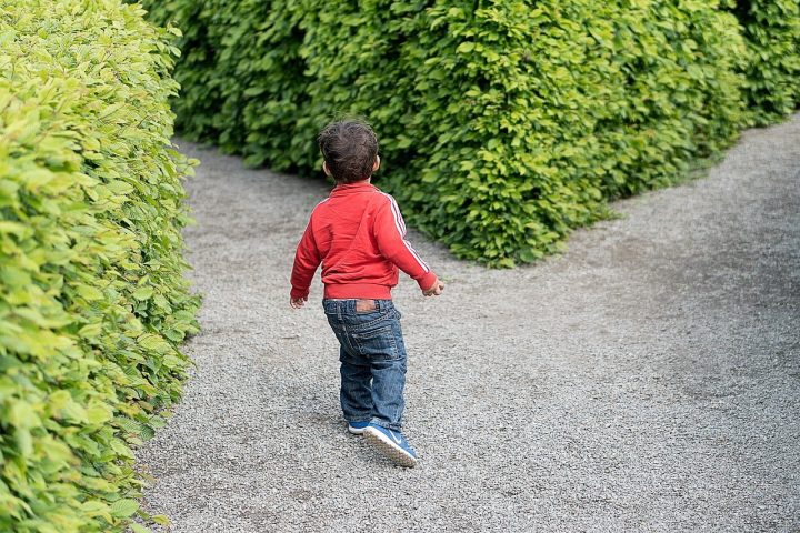 Pieni lapsi valitsemassa polkua puutarhassa.